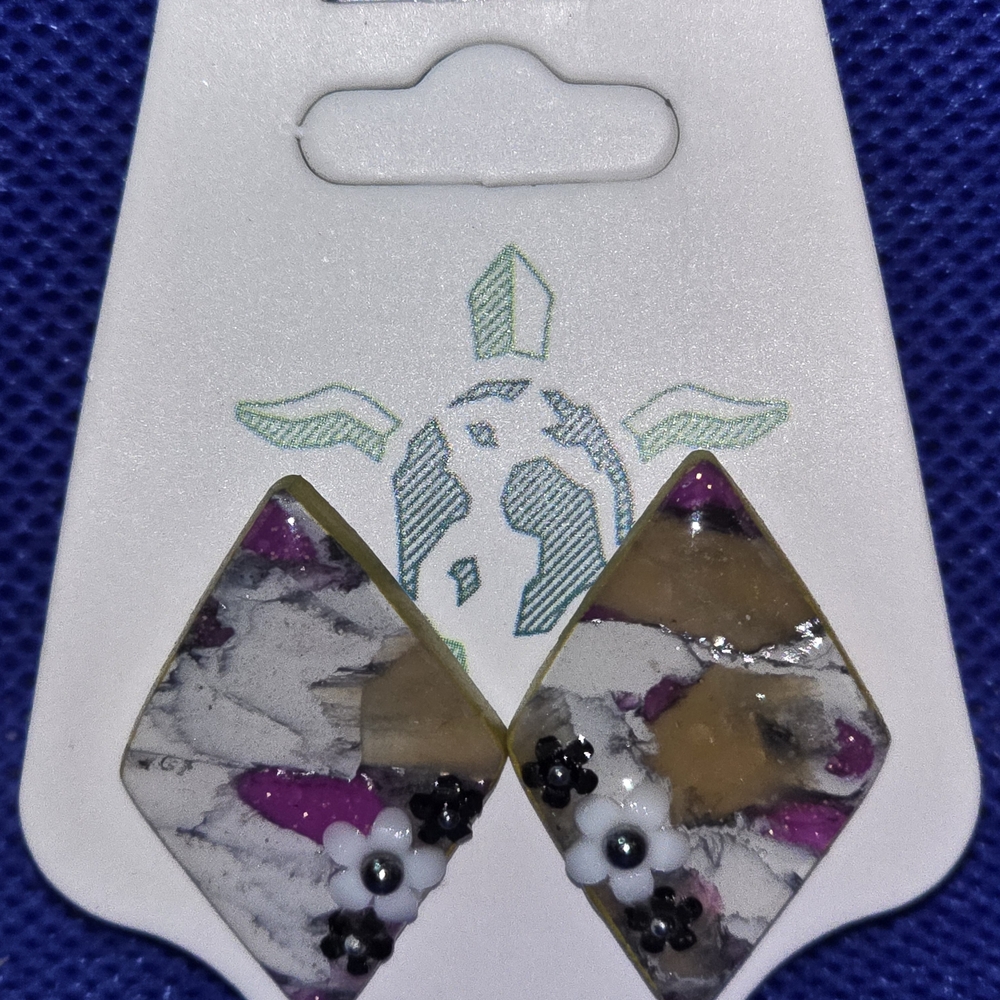 Marbled Diamond Floral Stud Earrings - Purple, White, Black, Tan